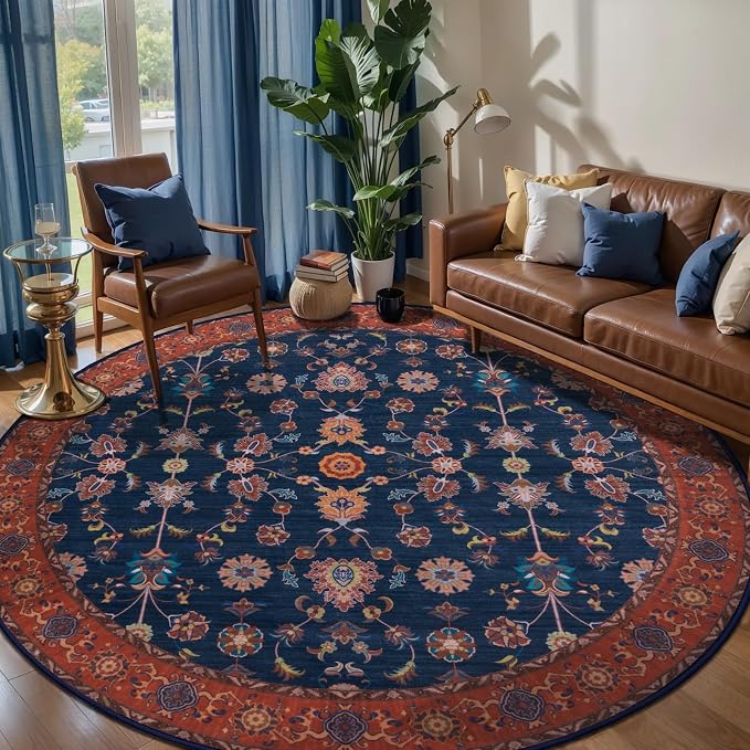 Tangsoo Vintage Round Rug 6ft Washable Circle Rug, Non Slip Boho Red Blue Round by Tangsoo