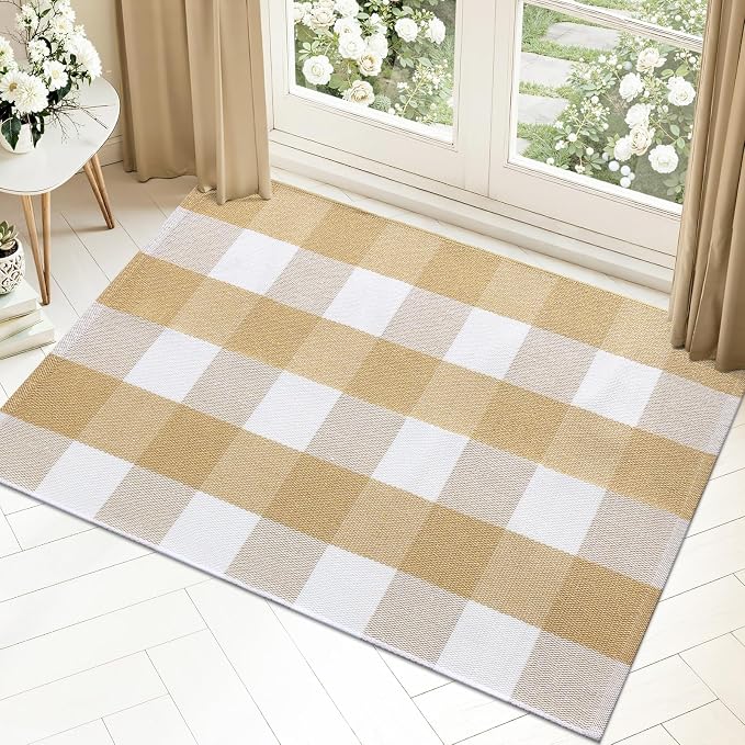 OLANLY Buffalo Plaid Rug 2'4" x 3'7" – Beige and White Cotton Checkered Doormat - Image 3