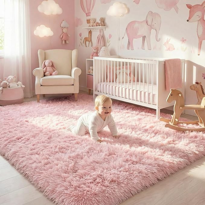 Pink Area Rugs for Bedroom Girls, Living Room Decor, Fluffy Fuzzy Shag Rug 4x6 - Image 9