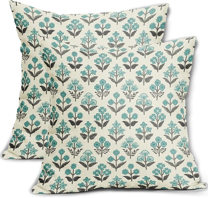 Black Teal Floral Pillow Covers 16x16 Inch Set of 2, Spring Summer Vintage by Sivirary