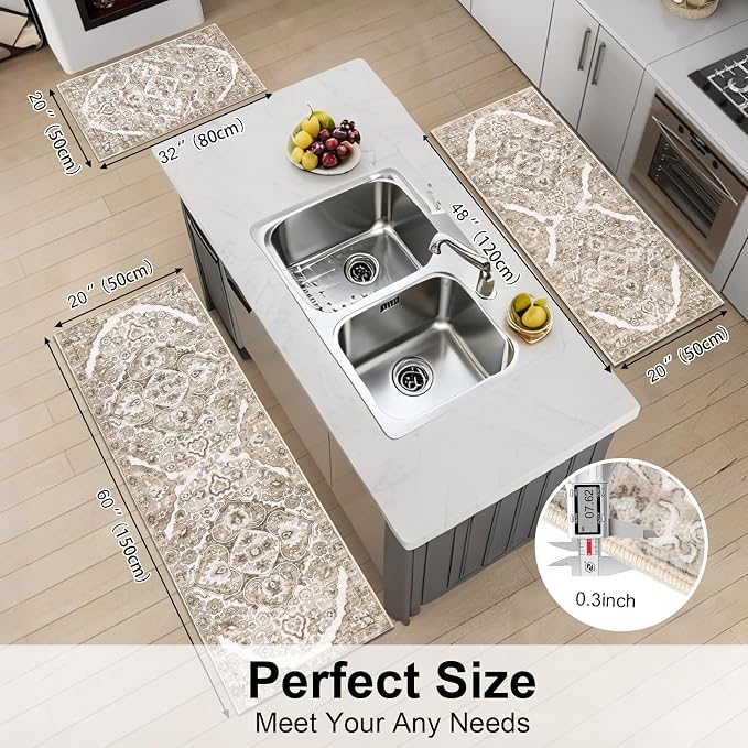 HEBE Farmhouse Kitchen Rugs Sets of 3 Non Slip Washable Boho Kitchen Rugs and - Image 2