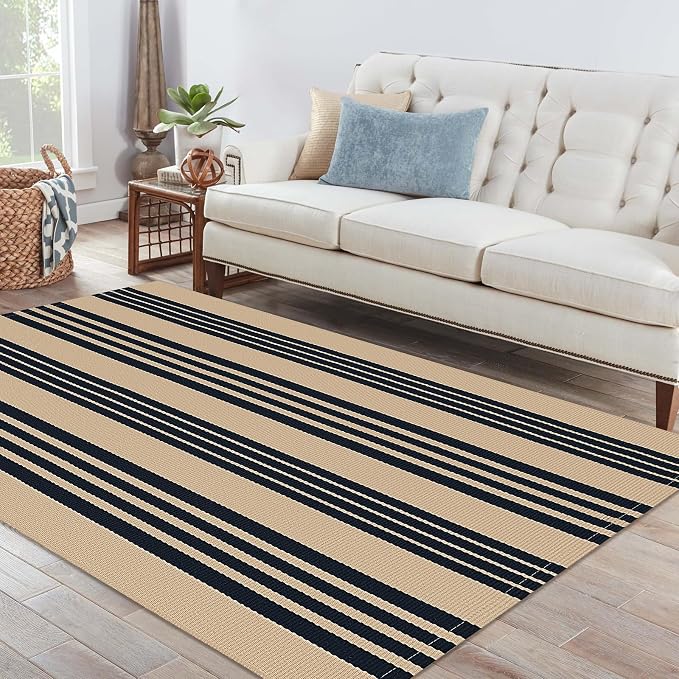 IOHOUZE Black and Tan Striped Rug 4'x6' Front Door Rugs Outdoor, Washable Area - Image 9