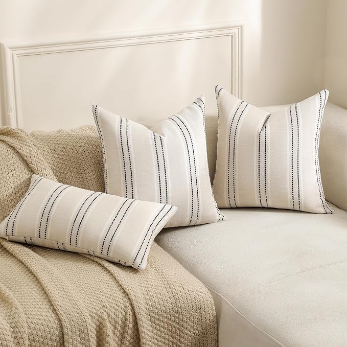 Hckot Throw Pillow Covers 16x16 Set of 2 Striped Pillow Covers Textured Linen - Image 3