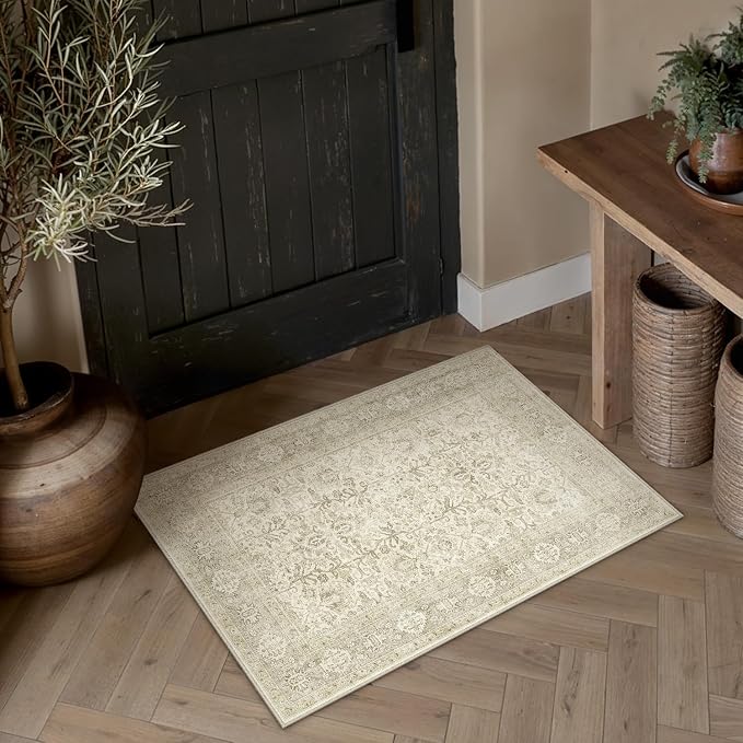 PureCozy Beige Entryway Rug 2x3 Vintage Area Carpet Indoor Kitchen Washable - Image 2