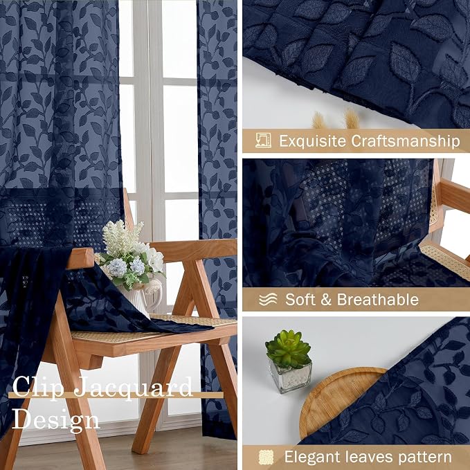 Chyhomenyc Navy Blue Sheer Curtains 24 Inch Length, Light Filtering Leaf Tufted - Image 6