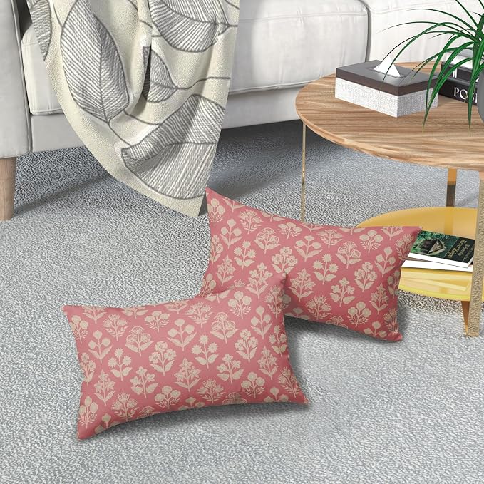 Pink Pillow Covers 12x20 Inch Set of 2, Cream Floral Block Print Pattern Lumbar - Image 7