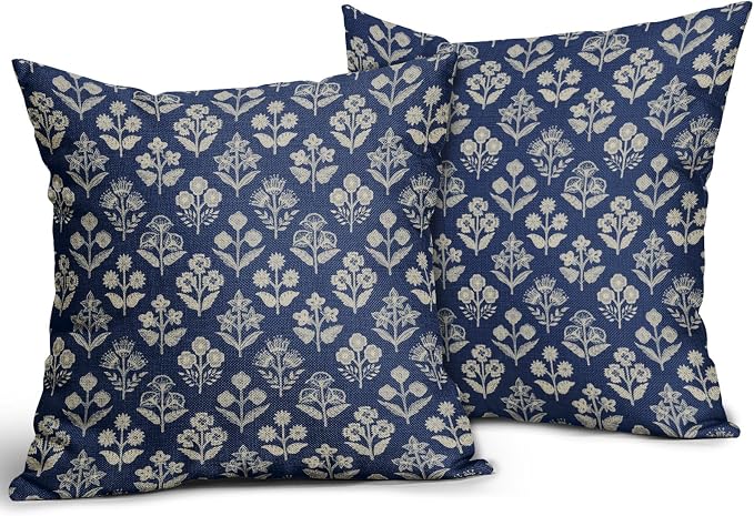 Dark Blue Floral Pillow Covers 22x22 Inch Set of 2, Vintage Flower Block Print - Image 2