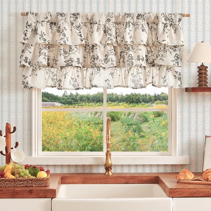 jinchan Ruffled Floral Valance Curtain Shabbychic Linen Window Valance 18 Inch - Image 2
