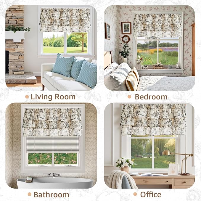 jinchan Amlie Ruffled Floral Valance Curtain Shabby Chic Linen Kitchen Valance - Image 5