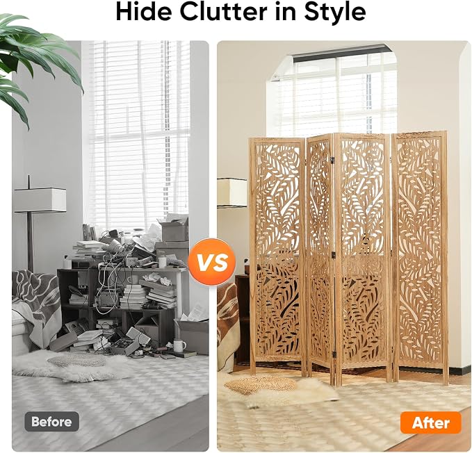 Boho Room Divider with Leaves Carving, 4-Panel Openwork Wood Screen, Decorative - Image 5