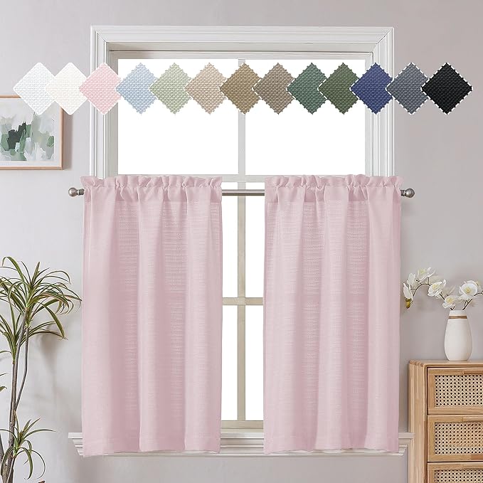 Chyhomenyc Blush Pink Faux Linen Textured Small Cafe Curtains by Chyhomenyc