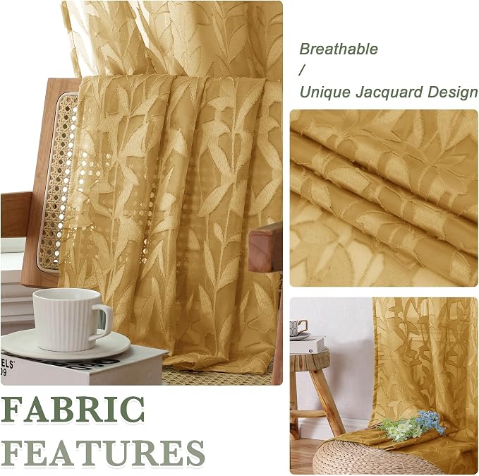 Lecloud Leia Dark Gold Sheer Curtains 90 Inches Long 2 Panels, Textured French - Image 7