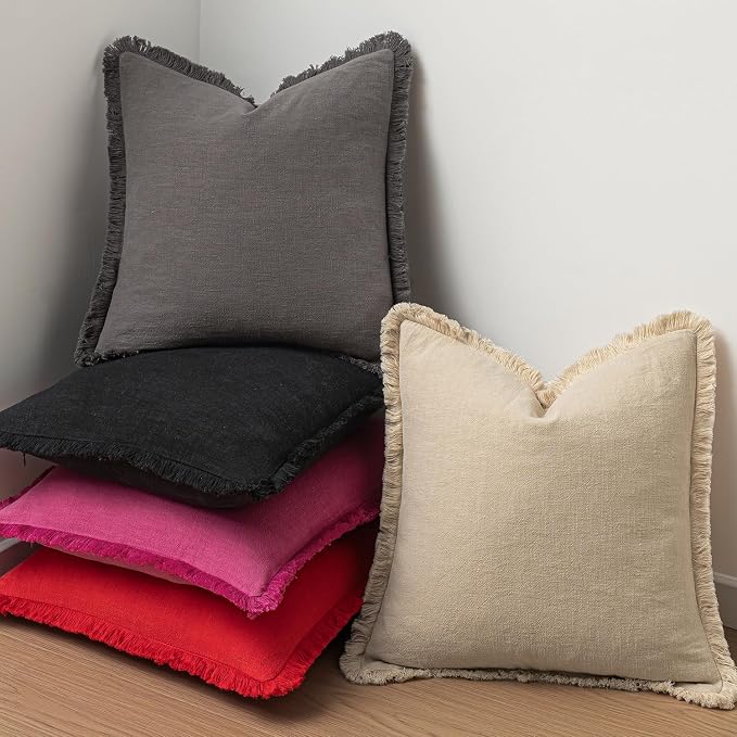 MIULEE Decorative Throw Pillow Covers Neutral Linen Fringe Throw Pillows Set of - Image 6