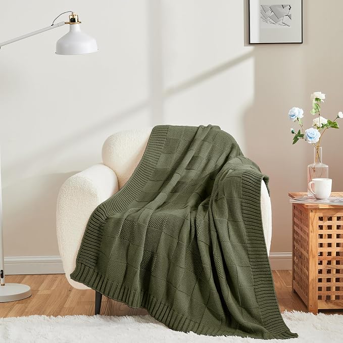 CozeCube Check Knit Throw Blanket, Olive Green Checkered Throw - Image 3