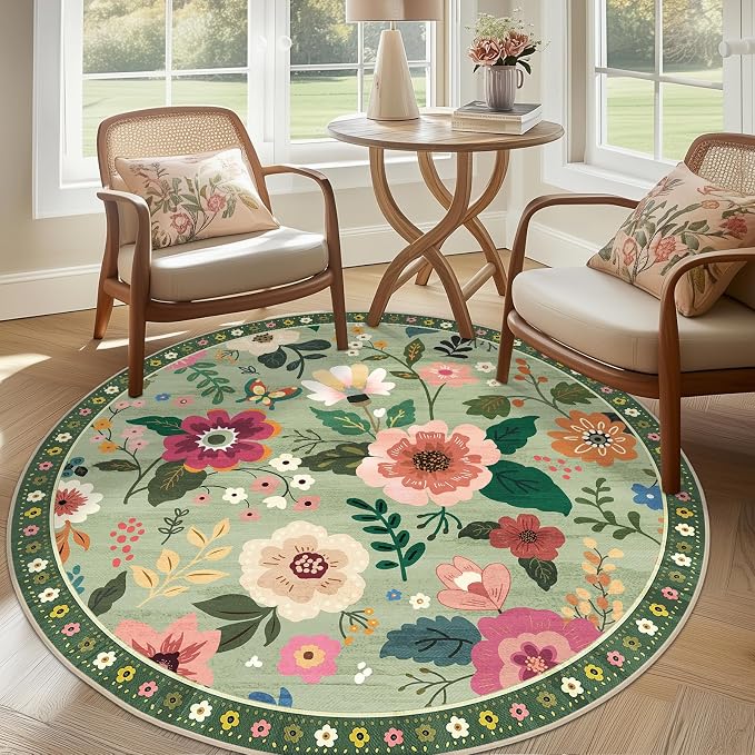 RELEANY Floral Nursery 6ft Area Rugs Washable Print Boho Cute Carpet Non Slip by RELEANY