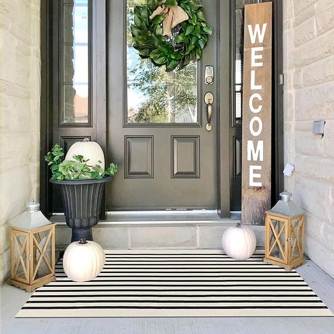 IOHOUZE Black Beige Striped Rug -2'x4.3' Front Door Rugs Outdoor, Small by iOhouze