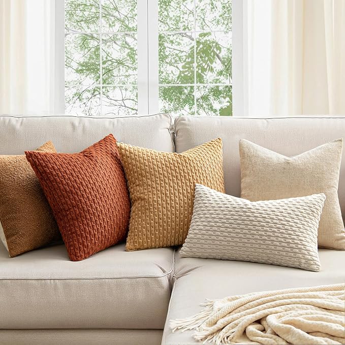 MIULEE Rust Throw Pillow Covers Soft Corduroy Decorative Set of 2 Boho Striped - Image 4