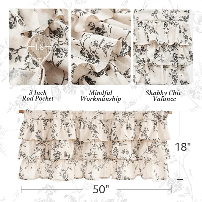 jinchan Ruffled Floral Valance Curtain Shabbychic Linen Window Valance 18 Inch - Image 5