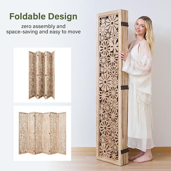 Folding Wood Room Divider Panel, 67 Inch Tall Daisy-Carved Privacy Screen - Image 3