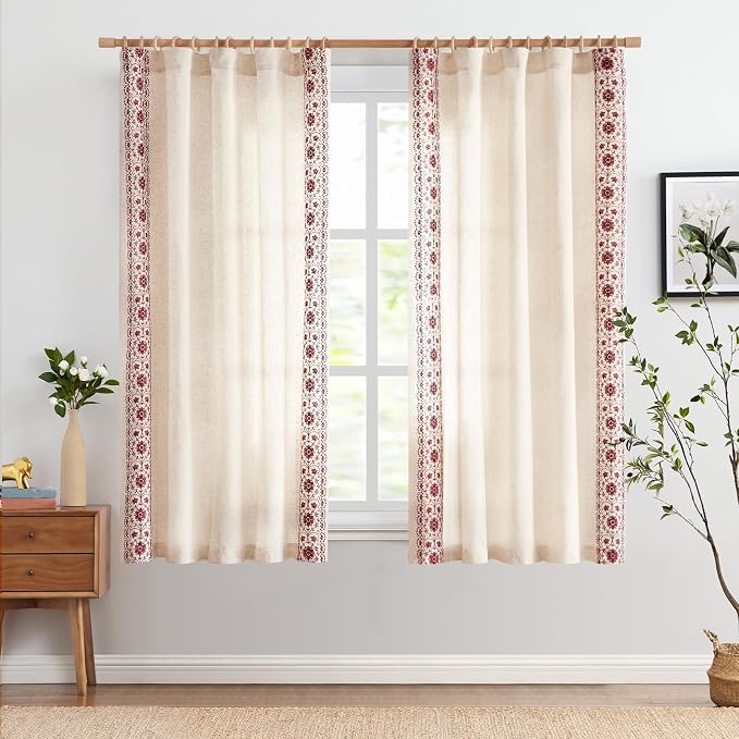 jinchan Boho Curtains for Bedroom Red Vintage Floral Farmhouse Curtains 63 Inch - Image 3