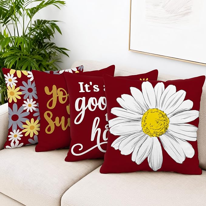 Hexagram Spring Summer Pillow Covers 18x18 Set of 4, Outdoor Floral Daisy - Image 2