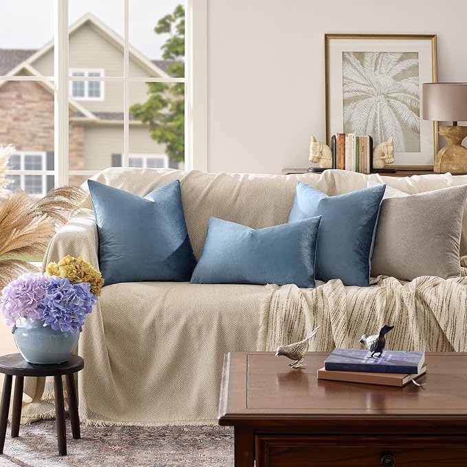 GIGIZAZA Stone Blue Velvet Decorative Throw Pillow Covers 18x18 - Image 2