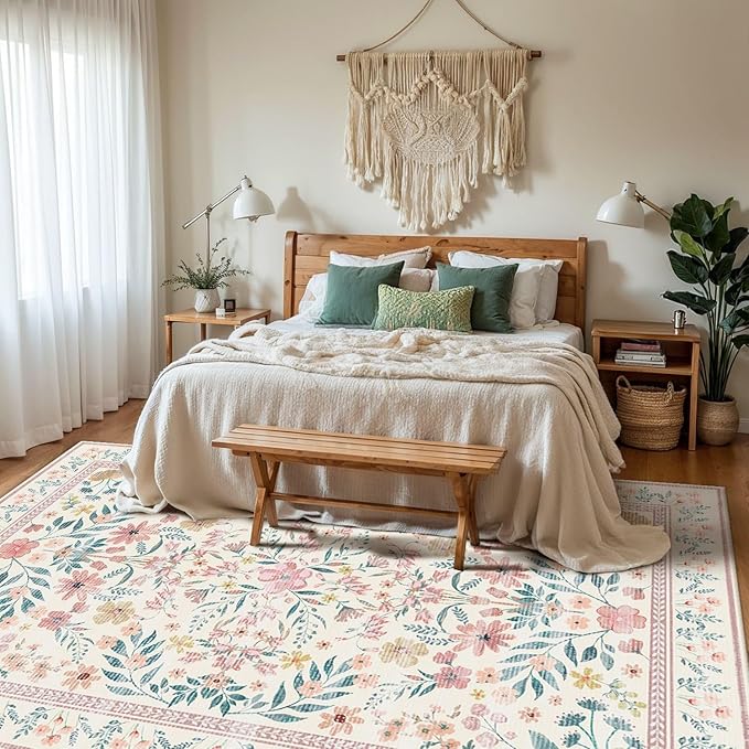 Rugxara Pink Rug for Living Room Bedroom, 5x7 Washable Floral Rug, Vintage Boho - Image 3