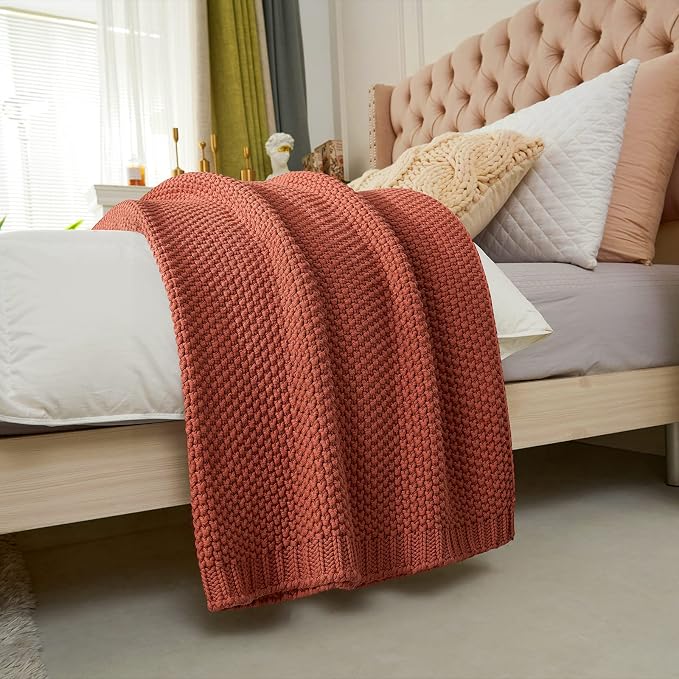 Chunky Cable Knit Throw Blanket Lightweight Rust 100% Organic Cotton Blanket - Image 6
