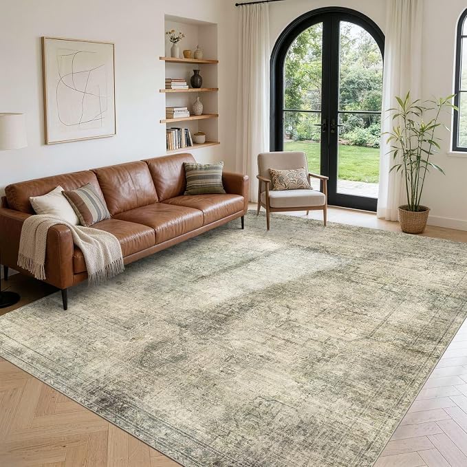 Vintage 8x10 Living Room Green Rugs, Washable Large Area Rugs by OHWPEAT