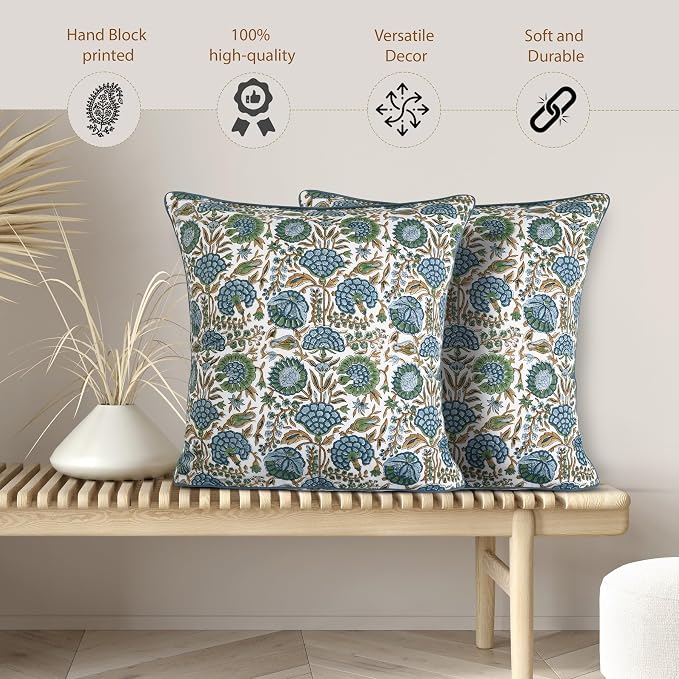 Ridhi Block Print Asparagus Green Pillow Cover 16" x 16" Decorative Couch - Image 6