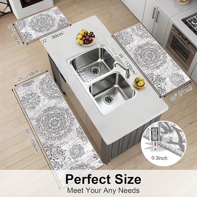 HEBE Farmhouse Kitchen Rugs Sets of 3 Non Slip Washable Boho Kitchen Rugs and - Image 2