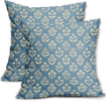 Light Blue Floral Pillow Covers 24x24 Inch Set of 2, Vintage Flower Block Print by Sivirary