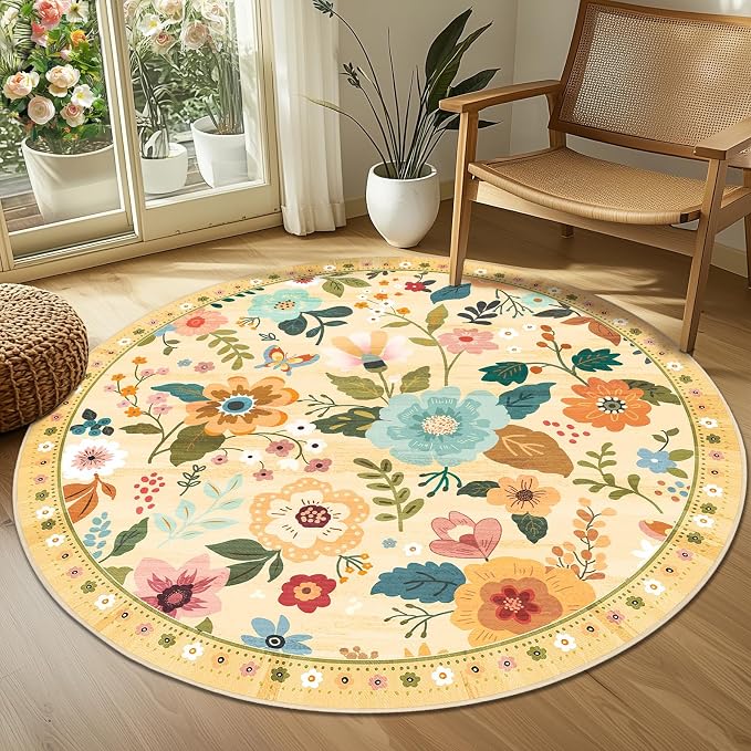RELEANY Floral Nursery 4ft Area Rugs Washable Print Boho Cute Carpet Non Slip - Image 2