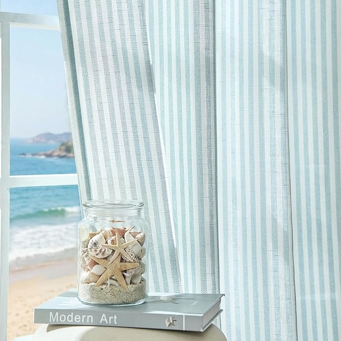 jinchan Linen Curtains for Living Room Aqua Blue on White Striped Curtains for - Image 9