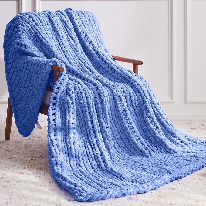 Negwoo Chunky Knit Throw Blanket, Handmade Light Blue Crochet Big Thick Blanket - Image 2