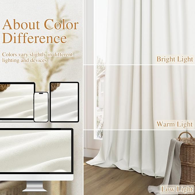 Ivory 100% Blackout Linen Curtains 144 Inch Length 2 Panels Set - Image 7