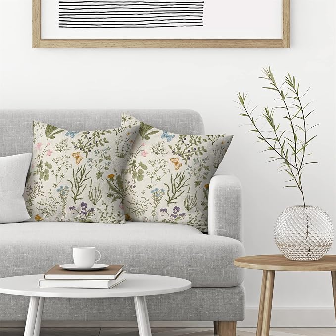 AEIOAE Spring Pillow Covers 16x16 Inch Set of 2, Sage Green Wild Flower Plant - Image 3