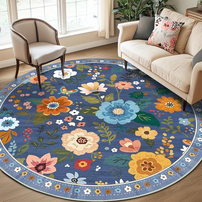 RELEANY Floral Nursery 8ft Area Rugs Washable Print Boho Cute Carpet Non Slip by RELEANY