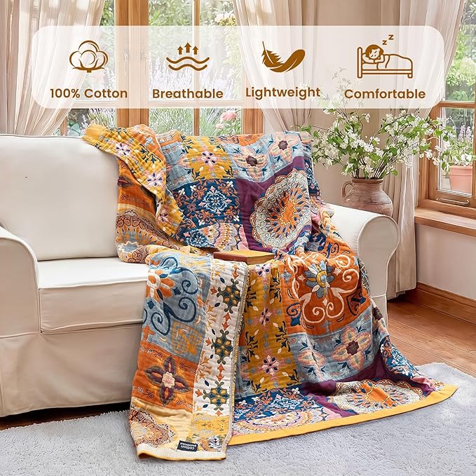 MSGKV Boho Throw Blanket for Bed 90"x90" 100% Cotton Blanket Spring Breathable - Image 2