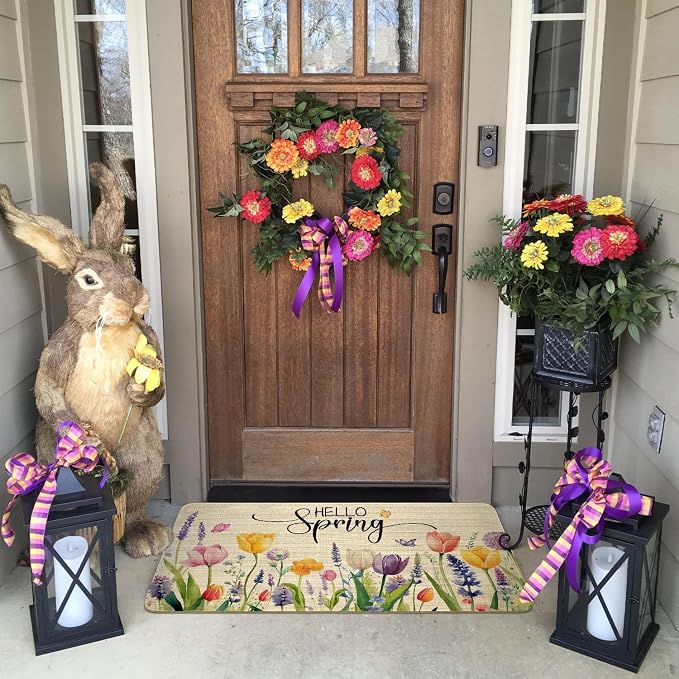 Spring Summer Door Mat, Hello Spring Tulip Lavender Flower Floral Indoor - Image 4