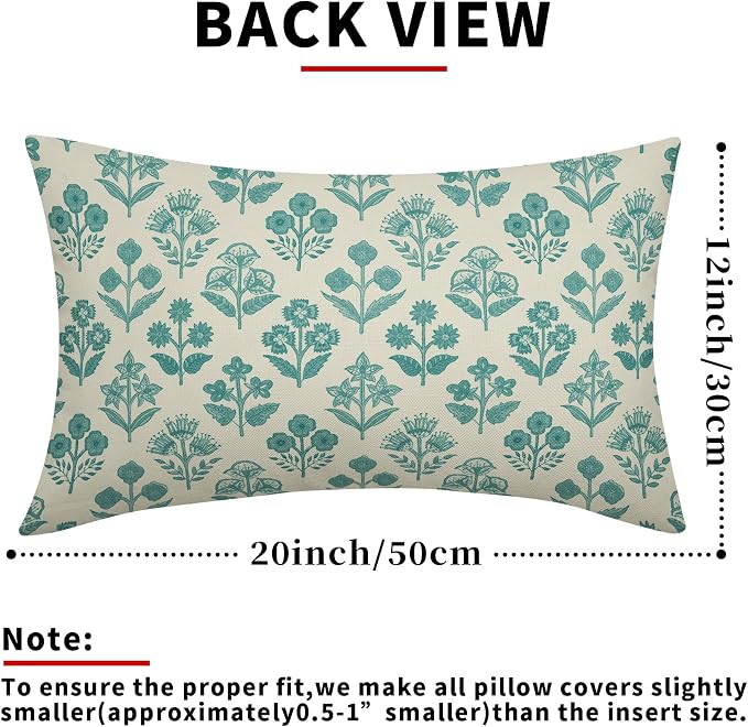 Teal Floral Pillow Covers 12x20 Inch Set of 2, Block Print Lumbar Flower Cream - Image 3