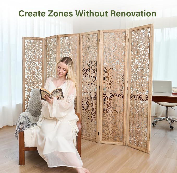 Folding Wood Room Divider Panel, 67 Inch Tall Daisy-Carved Privacy Screen - Image 5