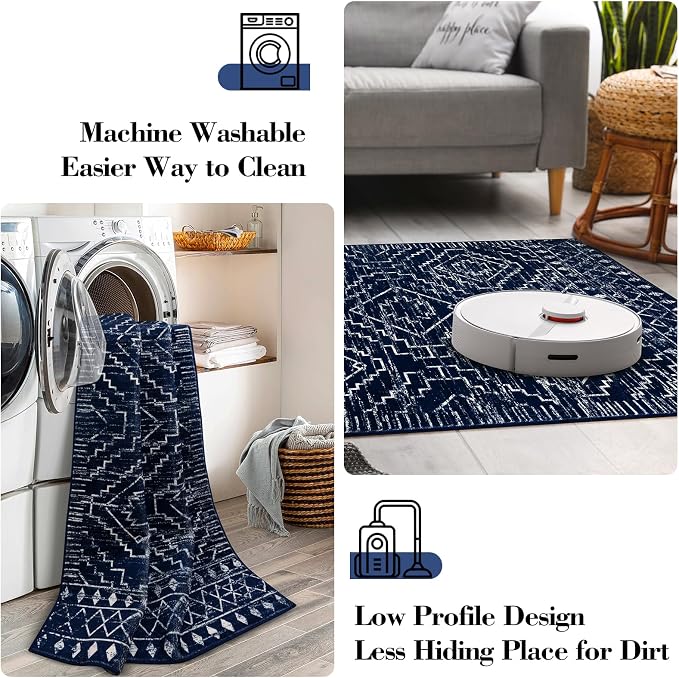 Wonnitar Moroccan Washable 9x12 Rug, Large Blue Rugs - Image 4