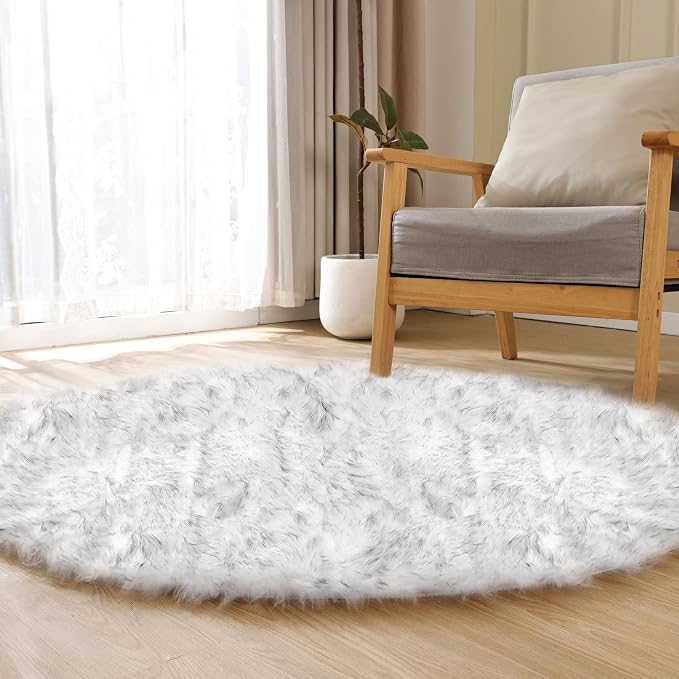 ORINOVA White and Grey Round Shag Rug 4ft Faux Sheepskin Fur Rugs - Image 5