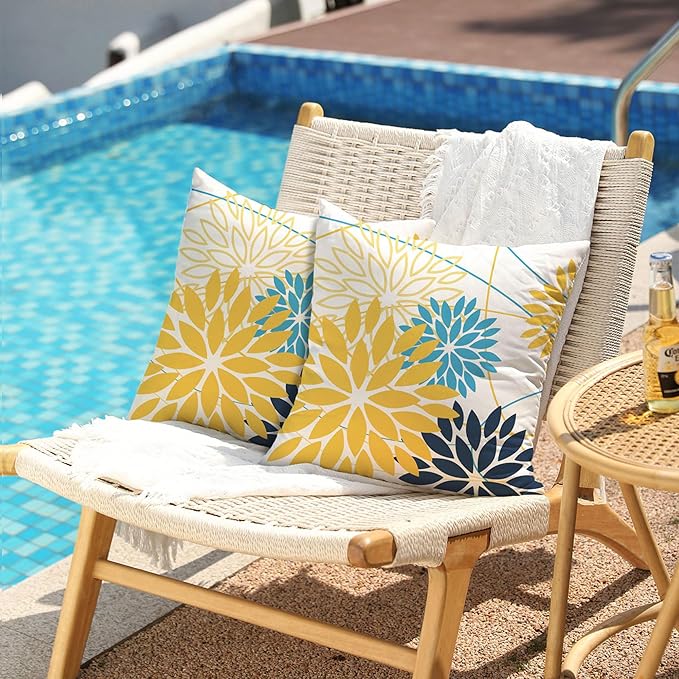 Yellow and Dark blue Floral Pillow Covers 18x18 Set of 2 Outdoor Waterproof - Image 2