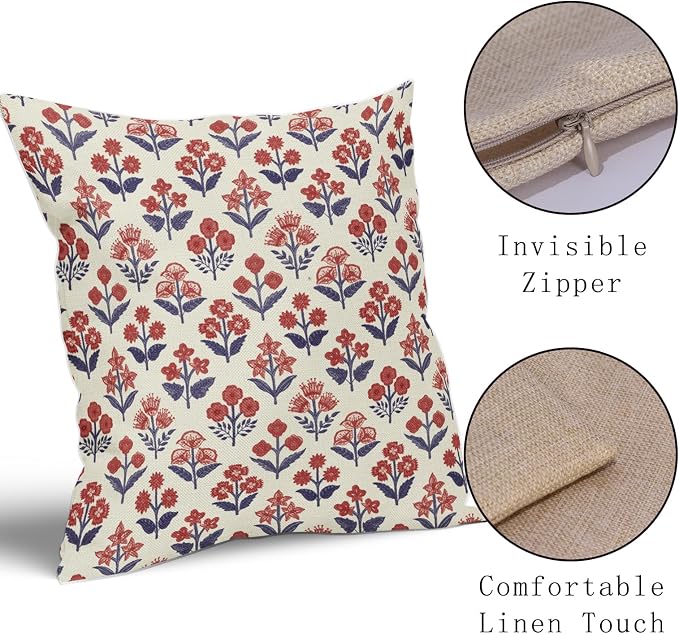 4th of July Patriotic Floral Block Print Pillow Covers 20x20 Inch Set of 2 - Image 4