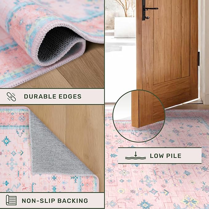Washable Pink and Blue 9x12 Oushak Rugs - Image 5