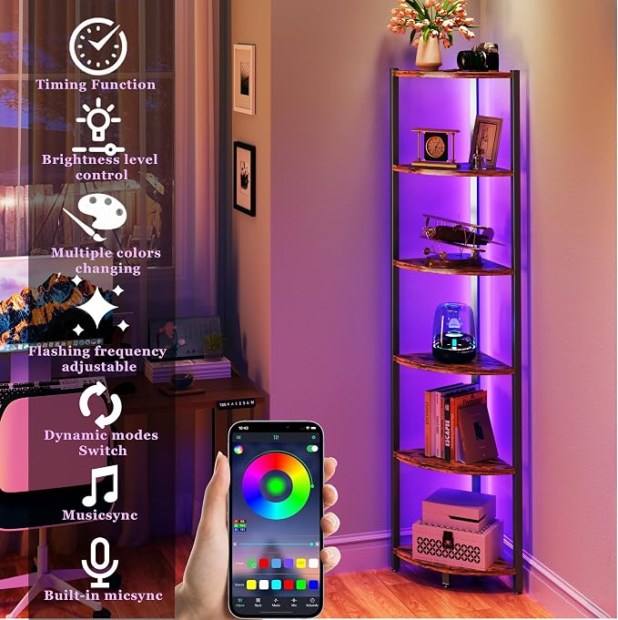 Corner Shelf with LED Lights, 6-Tier Corner Bookshelf, Rustic Brown - Image 3