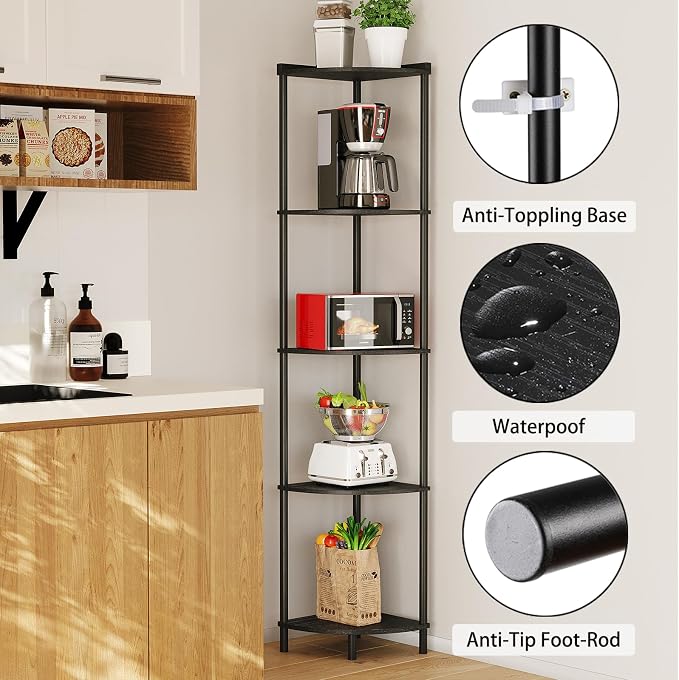 SUNMORY 5 Tier Corner Shelf Stand, Industrial 65" Corner Shelves Display Shelf - Image 3