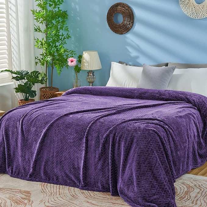 inhand Purple Fleece Twin Blanket, Super Soft Flannel Leaves Pattern Fuzzy - Image 5